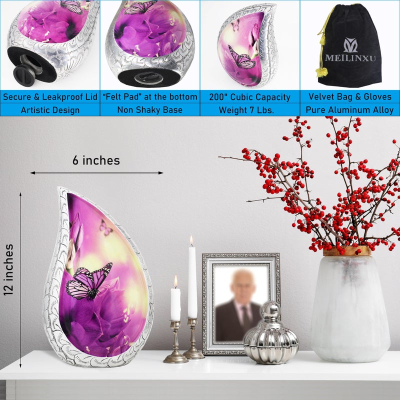 M MEILINXU Purple Butterfly Decorative Urn  Cremation Urns for Human Ashes - Display at Home or Niche  Engraved Aluminum Tear drop Urn for Ashes Adult Female & Male  Pink Tulips - Large Teardrop - Image 2
